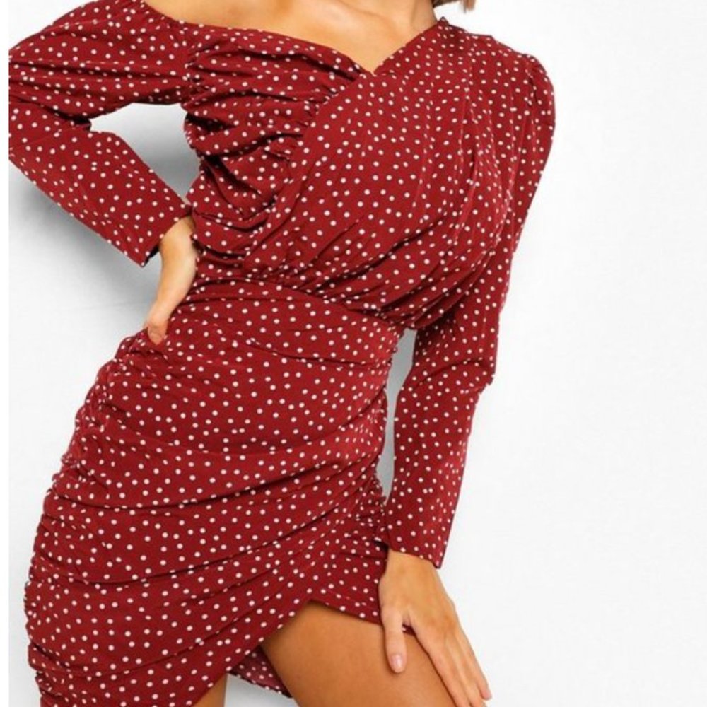 COPY - Polka Dot Ruched Asymmetric Dress